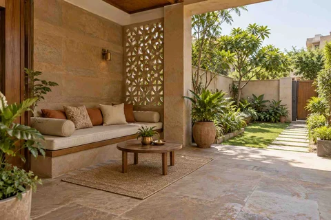 AI-generated outdoor concept: verandah bench retreat, sandstone lattice direction