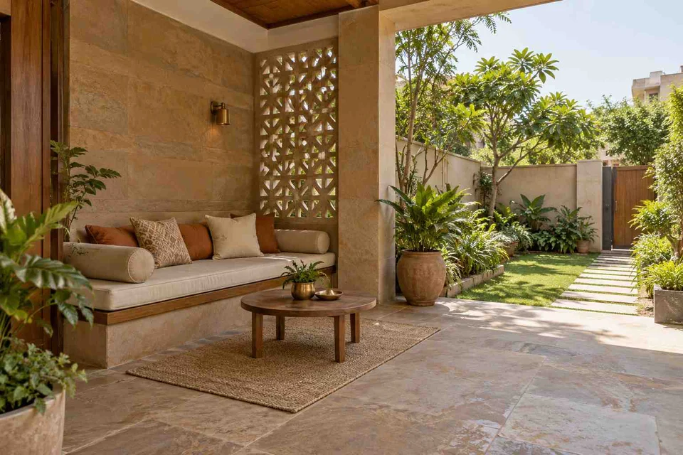 AI-generated outdoor concept: verandah bench retreat, sandstone lattice direction