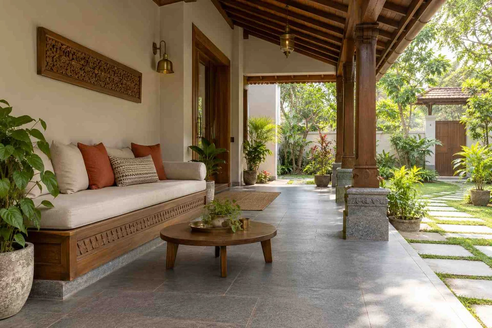 AI-generated outdoor concept: verandah bench retreat, teak craft direction