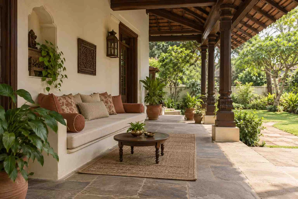 AI-generated outdoor concept: verandah bench retreat, terracotta heritage direction