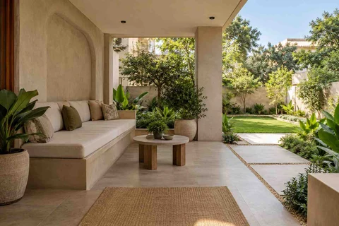AI-generated outdoor concept: verandah bench retreat, textured mineral direction
