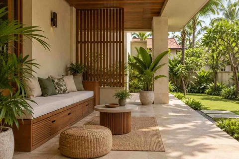 AI-generated outdoor concept: verandah bench retreat, tropical slatted direction