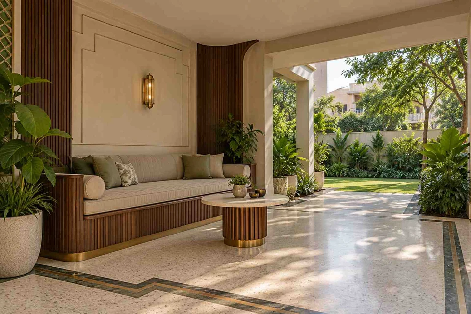 AI-generated outdoor concept: verandah bench retreat, urban deco direction