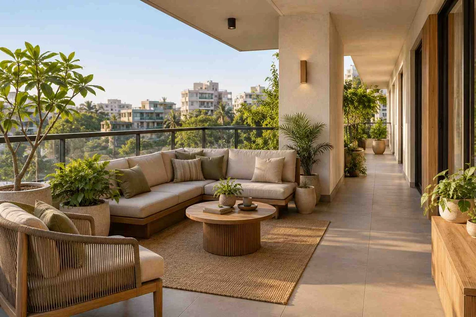 AI-generated outdoor concept: wraparound balcony corner, ash and linen direction