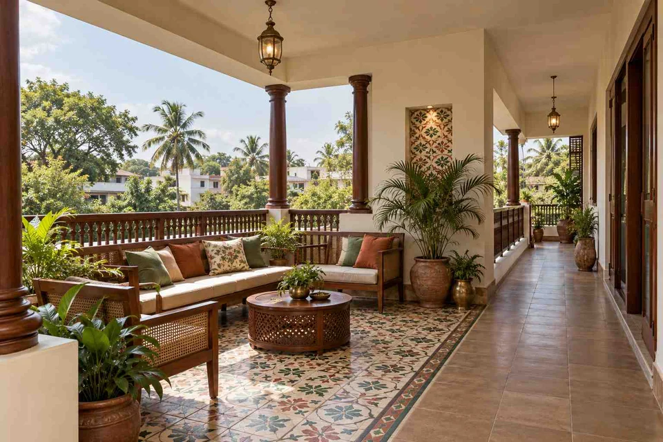AI-generated outdoor concept: wraparound balcony corner, chettinad tile direction
