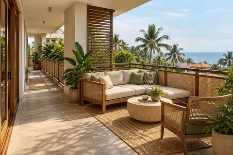 AI-generated outdoor concept: wraparound balcony corner, coastal woven direction