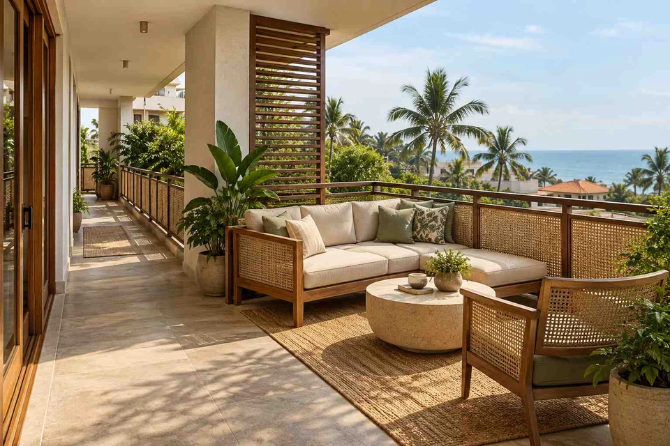 AI-generated outdoor concept: wraparound balcony corner, coastal woven direction