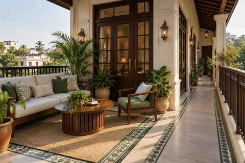 AI-generated outdoor concept: wraparound balcony corner, colonial quiet direction