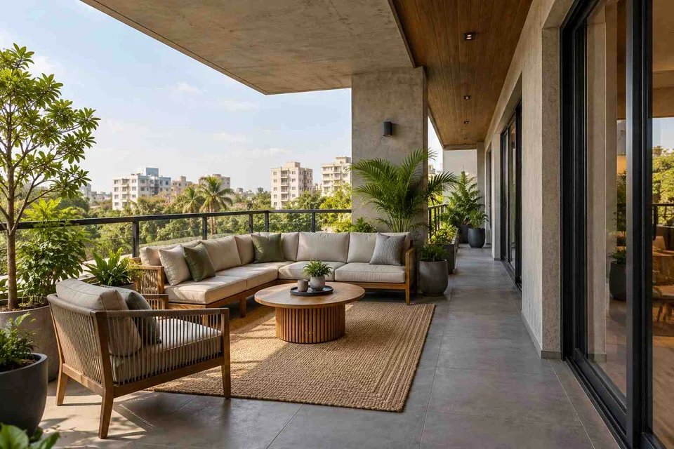 AI-generated outdoor concept: wraparound balcony corner, concrete and oak direction
