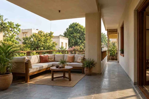 AI-generated outdoor concept: wraparound balcony corner, courtyard modern direction