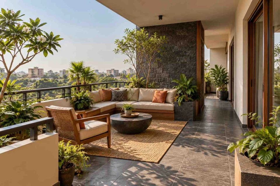 AI-generated outdoor concept: wraparound balcony corner, deccan stone direction