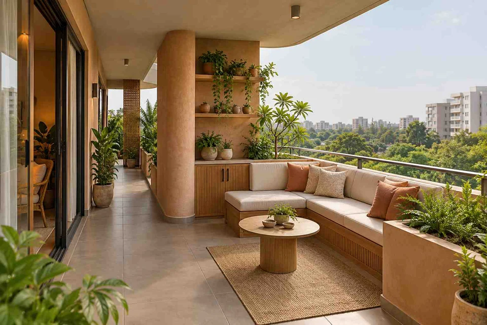 AI-generated outdoor concept: wraparound balcony corner, earth and bamboo direction