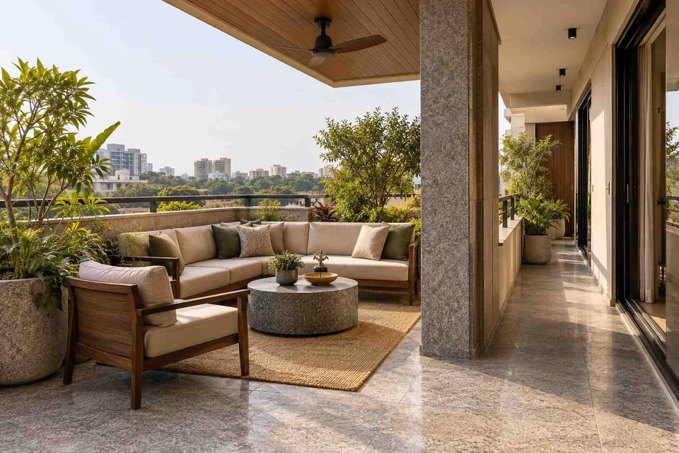 AI-generated outdoor concept: wraparound balcony corner, granite precision direction