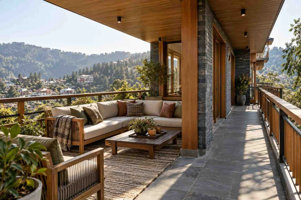 AI-generated outdoor concept: wraparound balcony corner, hill timber direction