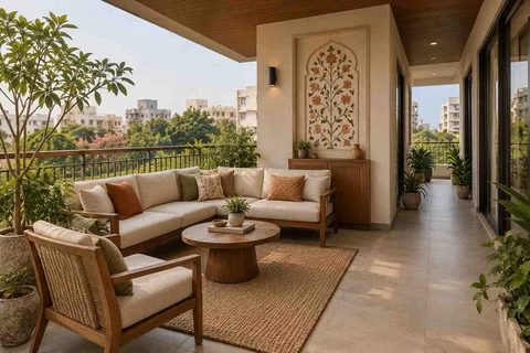AI-generated outdoor concept: wraparound balcony corner, inlay atelier direction