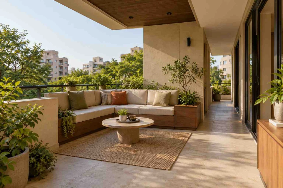 AI-generated outdoor concept: wraparound balcony corner, lime and walnut direction
