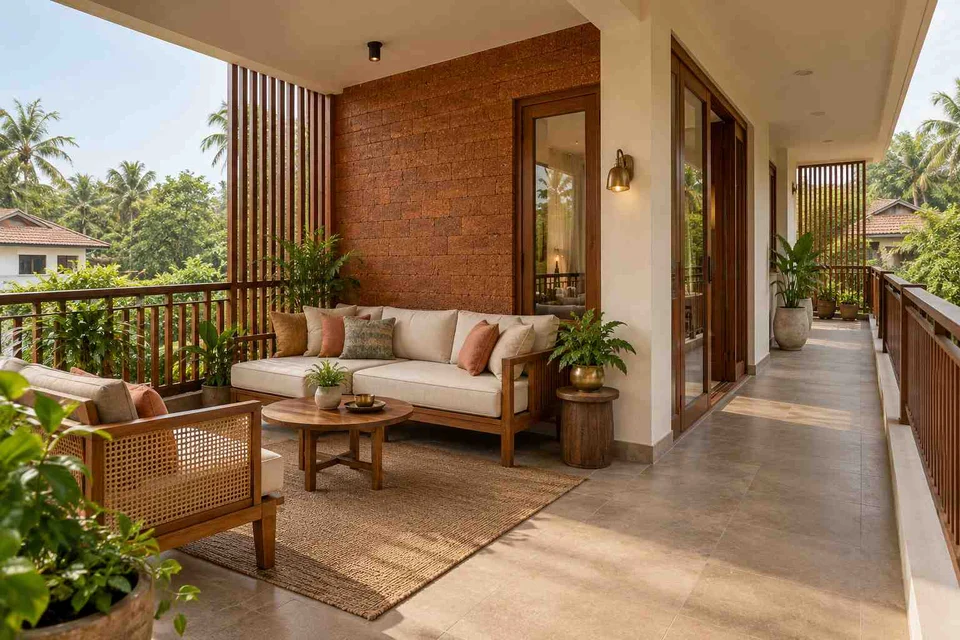 AI-generated outdoor concept: wraparound balcony corner, malabar timber direction