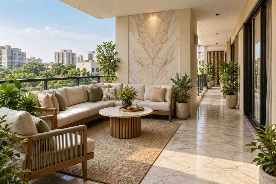 AI-generated outdoor concept: wraparound balcony corner, marble restraint direction