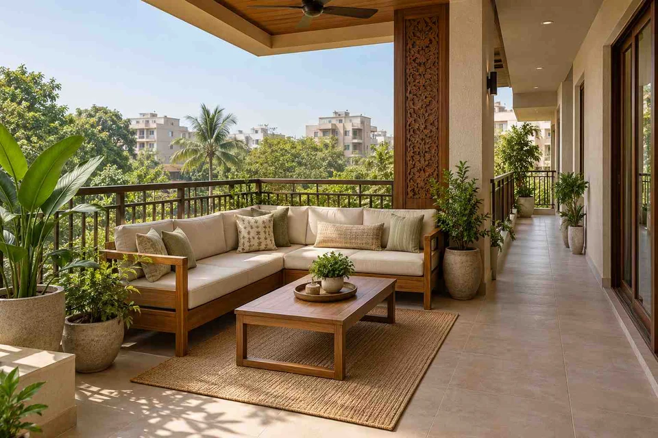 AI-generated outdoor concept: wraparound balcony corner, modern carved direction