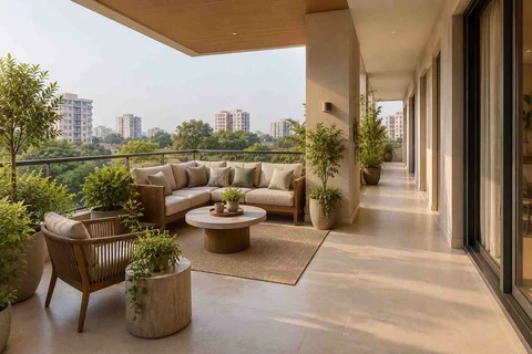 AI-generated outdoor concept: wraparound balcony corner, quiet contemporary direction