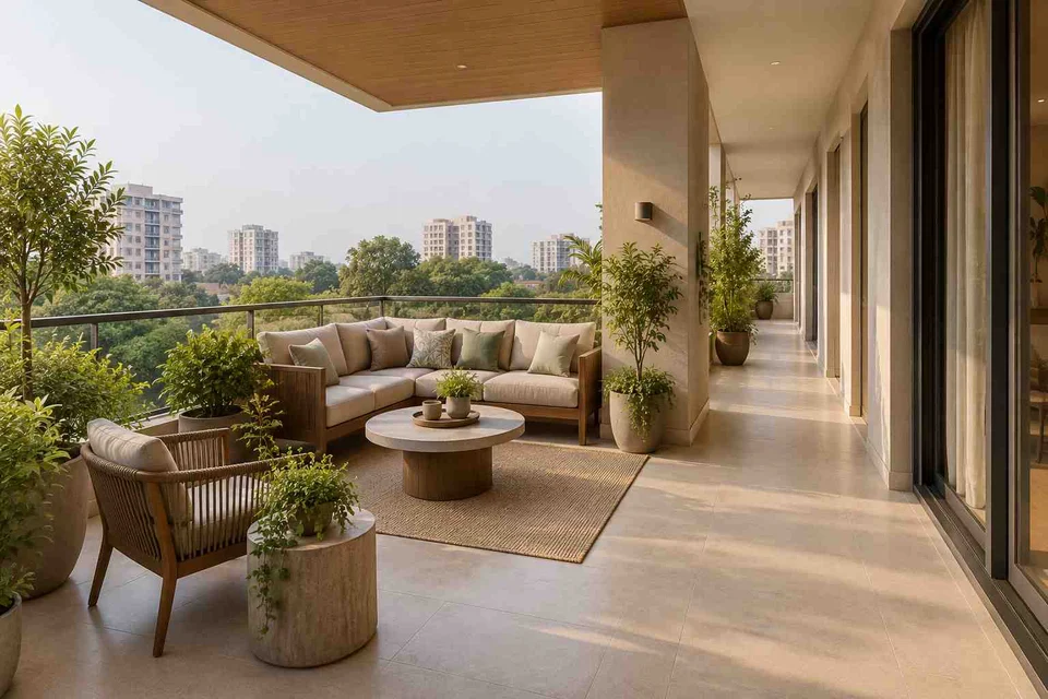 AI-generated outdoor concept: wraparound balcony corner, quiet contemporary direction