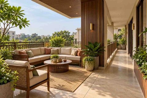 AI-generated outdoor concept: wraparound balcony corner, rosewood brass direction