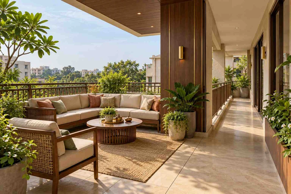AI-generated outdoor concept: wraparound balcony corner, rosewood brass direction