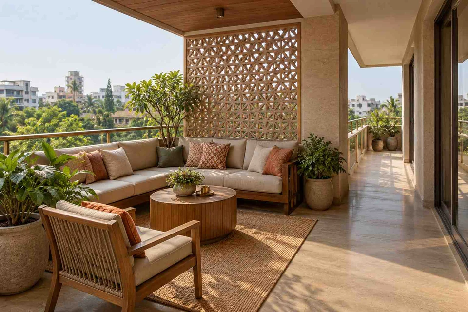AI-generated outdoor concept: wraparound balcony corner, sandstone lattice direction