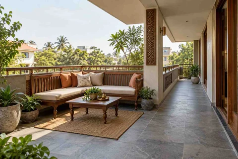 AI-generated outdoor concept: wraparound balcony corner, teak craft direction