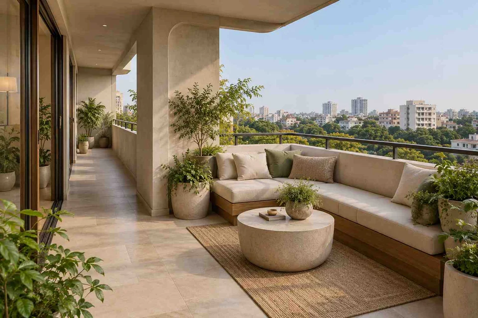 AI-generated outdoor concept: wraparound balcony corner, textured mineral direction