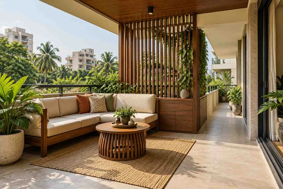 AI-generated outdoor concept: wraparound balcony corner, tropical slatted direction