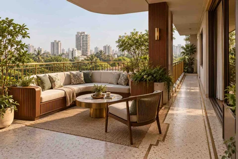 AI-generated outdoor concept: wraparound balcony corner, urban deco direction