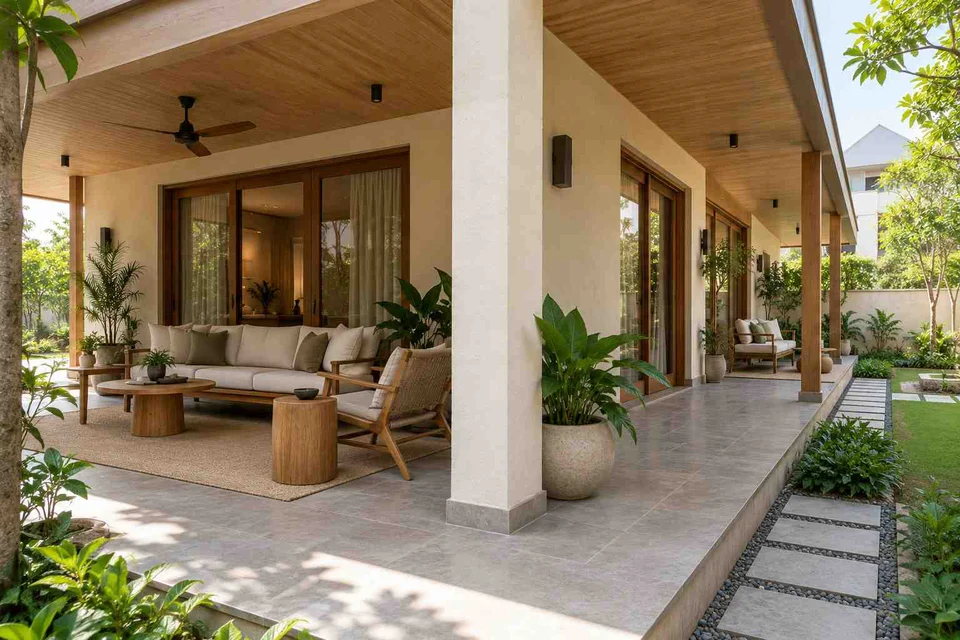 AI-generated outdoor concept: wraparound house verandah, ash and linen direction