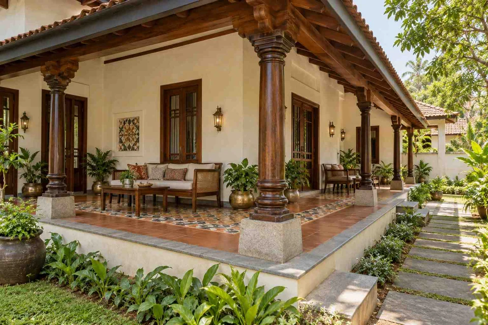AI-generated outdoor concept: wraparound house verandah, chettinad tile direction