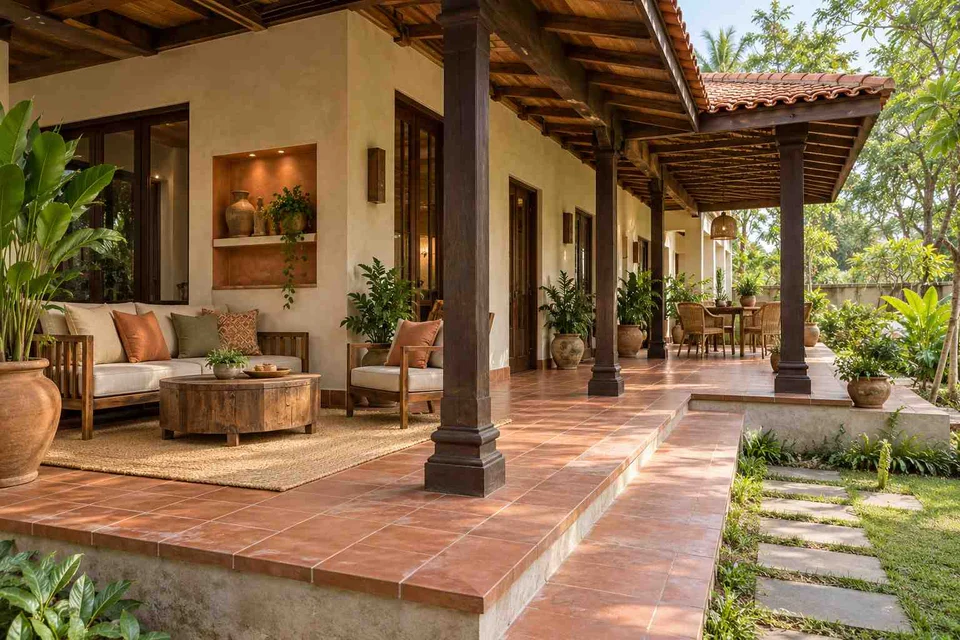 AI-generated outdoor concept: wraparound house verandah, clay artisan direction