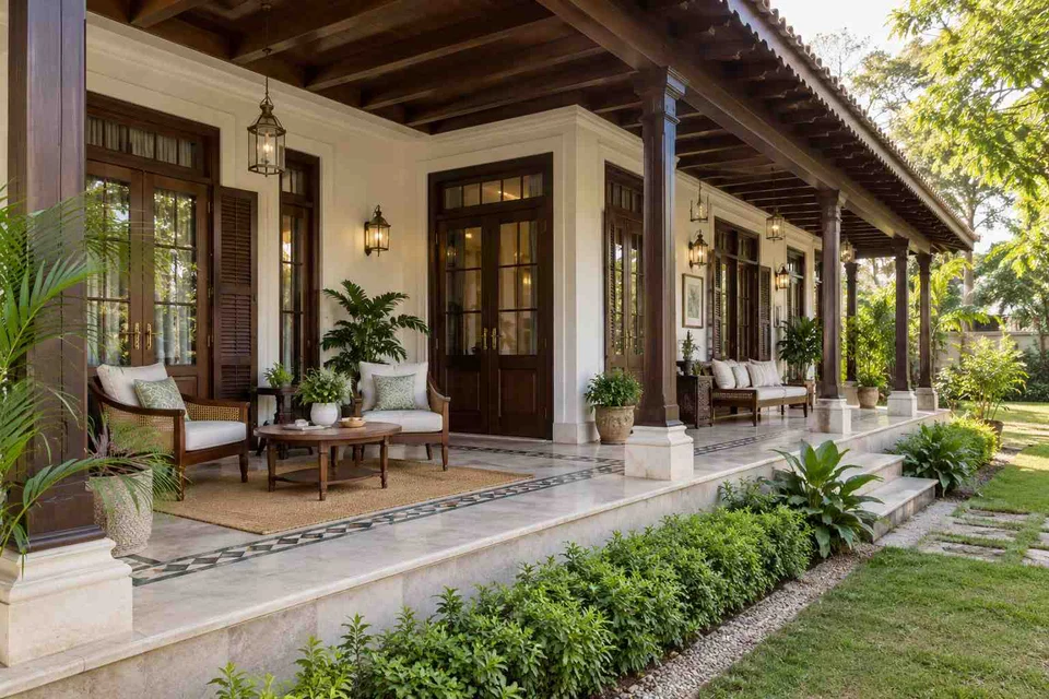 AI-generated outdoor concept: wraparound house verandah, colonial quiet direction