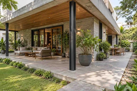 AI-generated outdoor concept: wraparound house verandah, concrete and oak direction