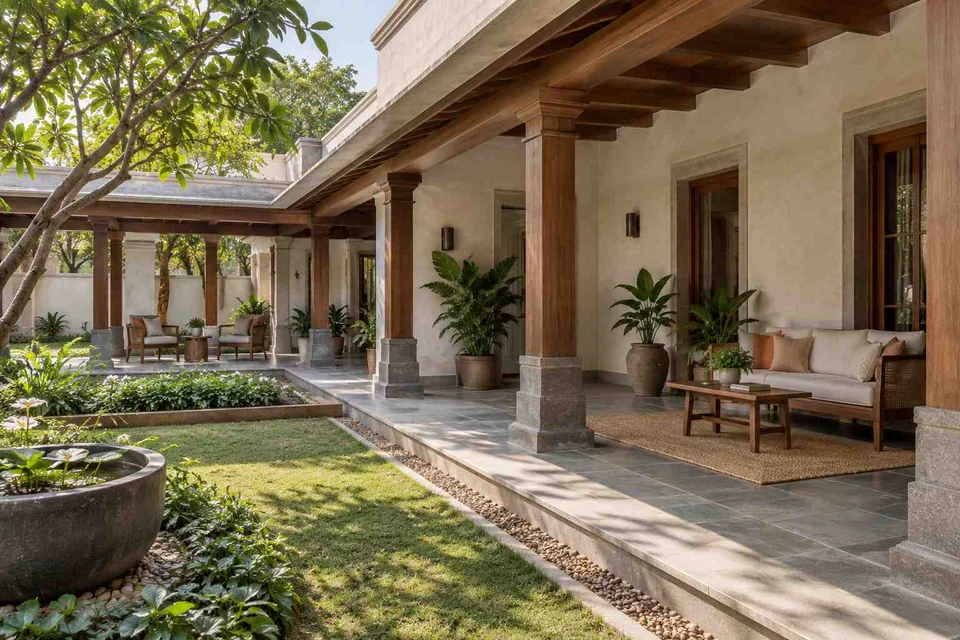 AI-generated outdoor concept: wraparound house verandah, courtyard modern direction