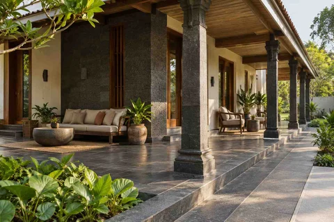 AI-generated outdoor concept: wraparound house verandah, deccan stone direction