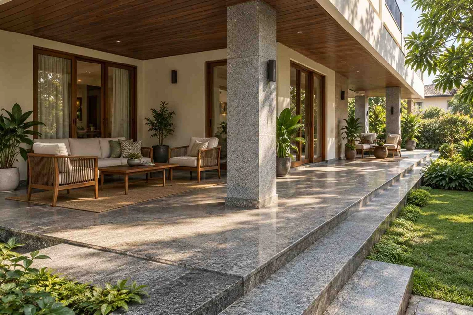AI-generated outdoor concept: wraparound house verandah, granite precision direction