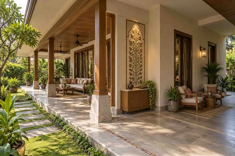 AI-generated outdoor concept: wraparound house verandah, inlay atelier direction