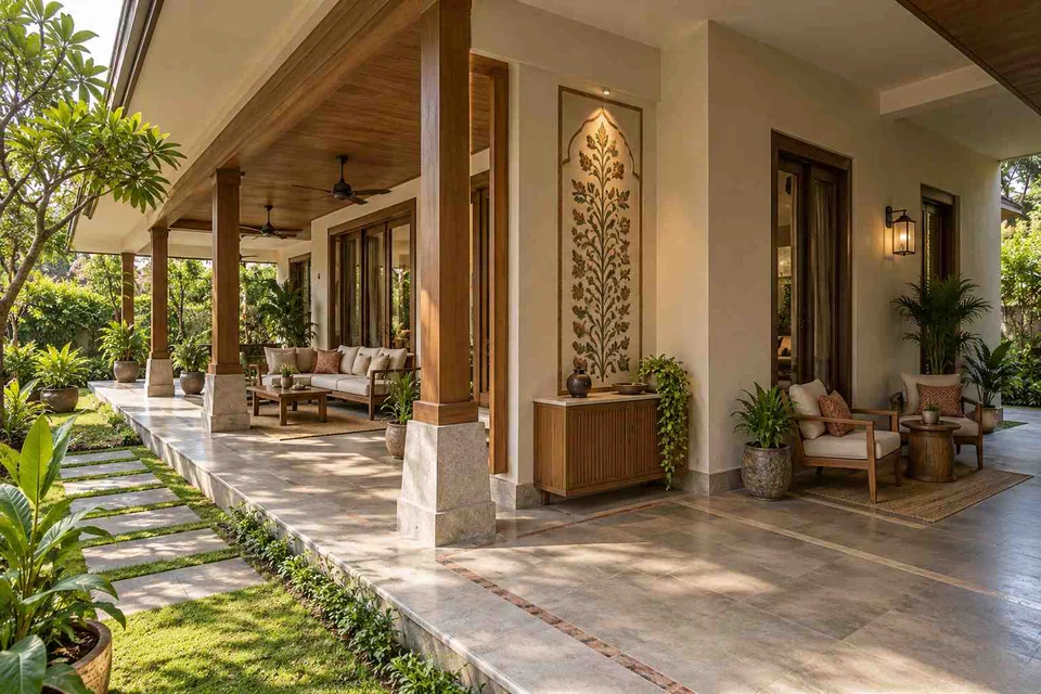 AI-generated outdoor concept: wraparound house verandah, inlay atelier direction