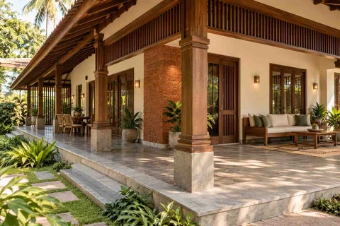 AI-generated outdoor concept: wraparound house verandah, malabar timber direction