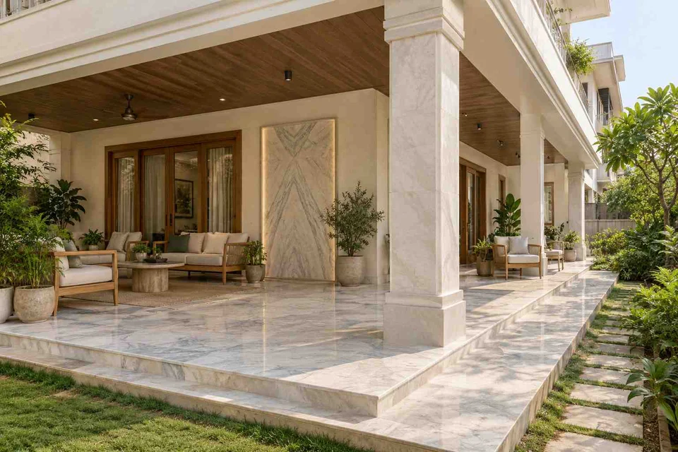 AI-generated outdoor concept: wraparound house verandah, marble restraint direction