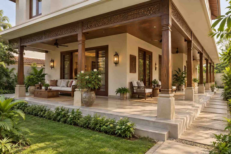 AI-generated outdoor concept: wraparound house verandah, modern carved direction