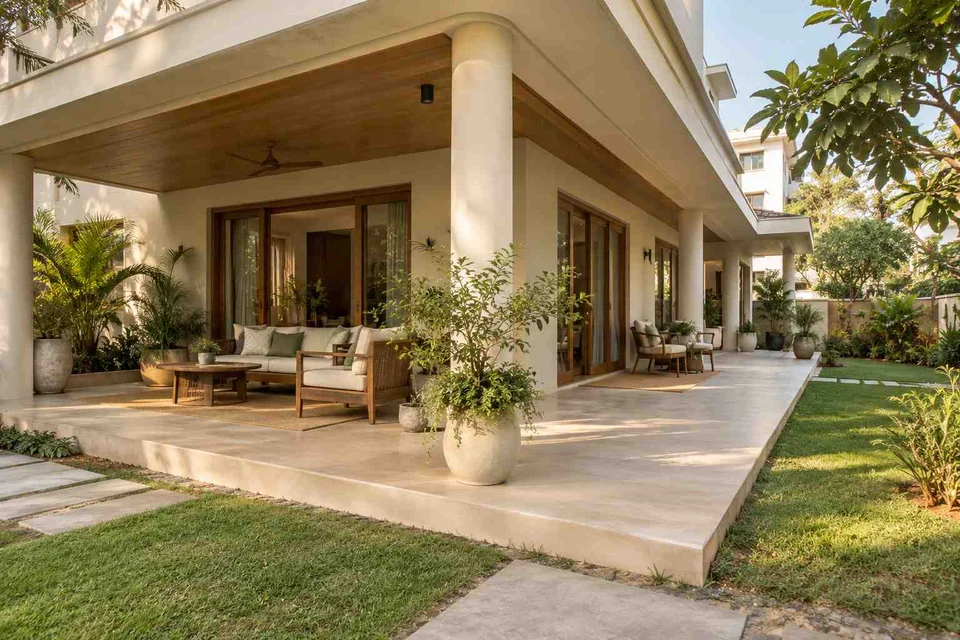 AI-generated outdoor concept: wraparound house verandah, quiet contemporary direction