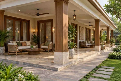 AI-generated outdoor concept: wraparound house verandah, quiet transitional direction