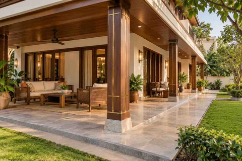 AI-generated outdoor concept: wraparound house verandah, rosewood brass direction