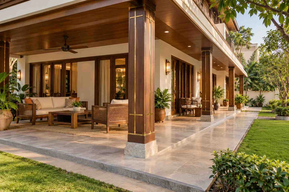 AI-generated outdoor concept: wraparound house verandah, rosewood brass direction