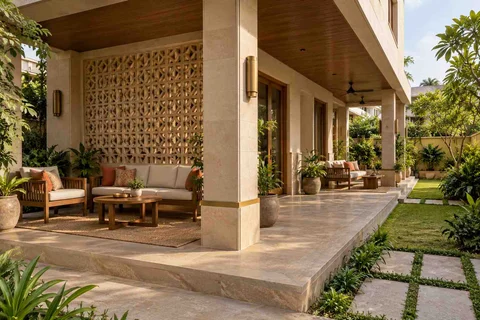 AI-generated outdoor concept: wraparound house verandah, sandstone lattice direction